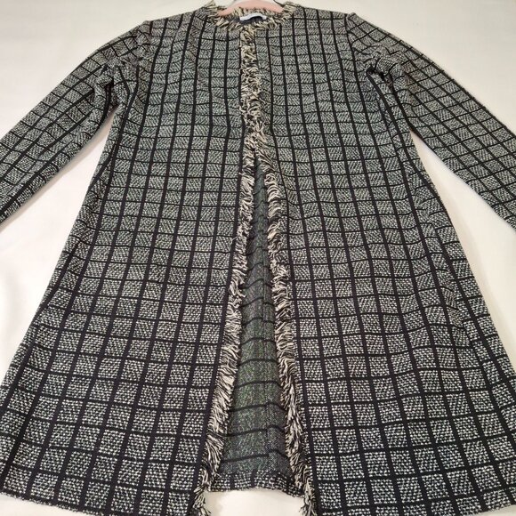 Womans Zara Basic Black & Beige Checker Long Open Cardigan Duster With Fringe - Picture 7 of 14
